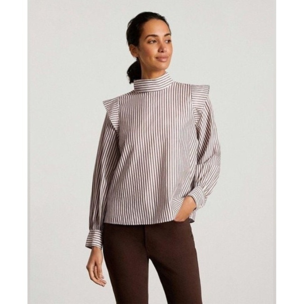 EVERLANE Striped Mock Neck Ruffle Sleeve Button Back Blouse Size 4 NWT $80